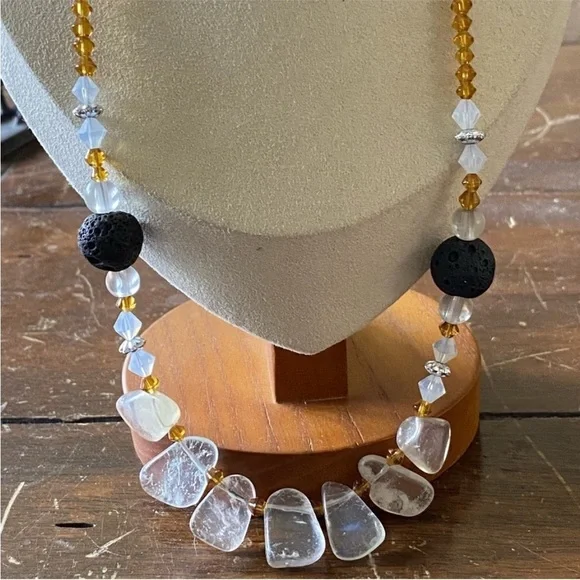 Natural quartz sea glass necklace pendant with coal beads - Picture 4 of 5